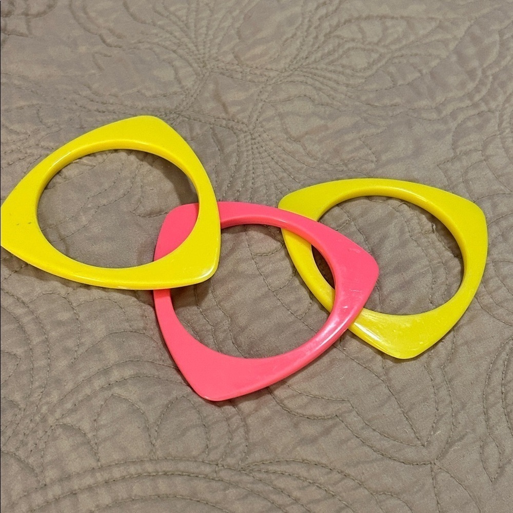 Three Vintage Retro Early Plastic Celluloid Triangle Shape Bangles Yellow Pink